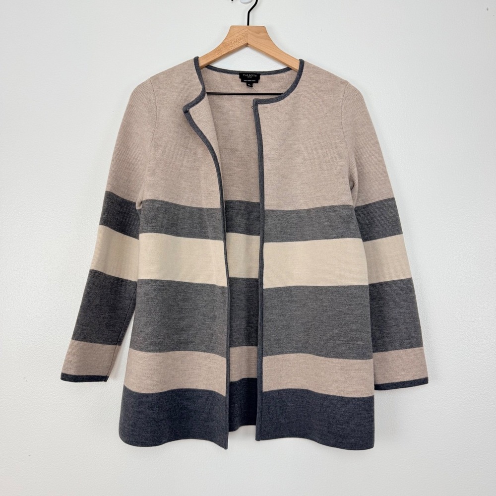 Talbots Merino Wool Open‎ Front Cardigan Sweater Size M Petite Neutral Striped